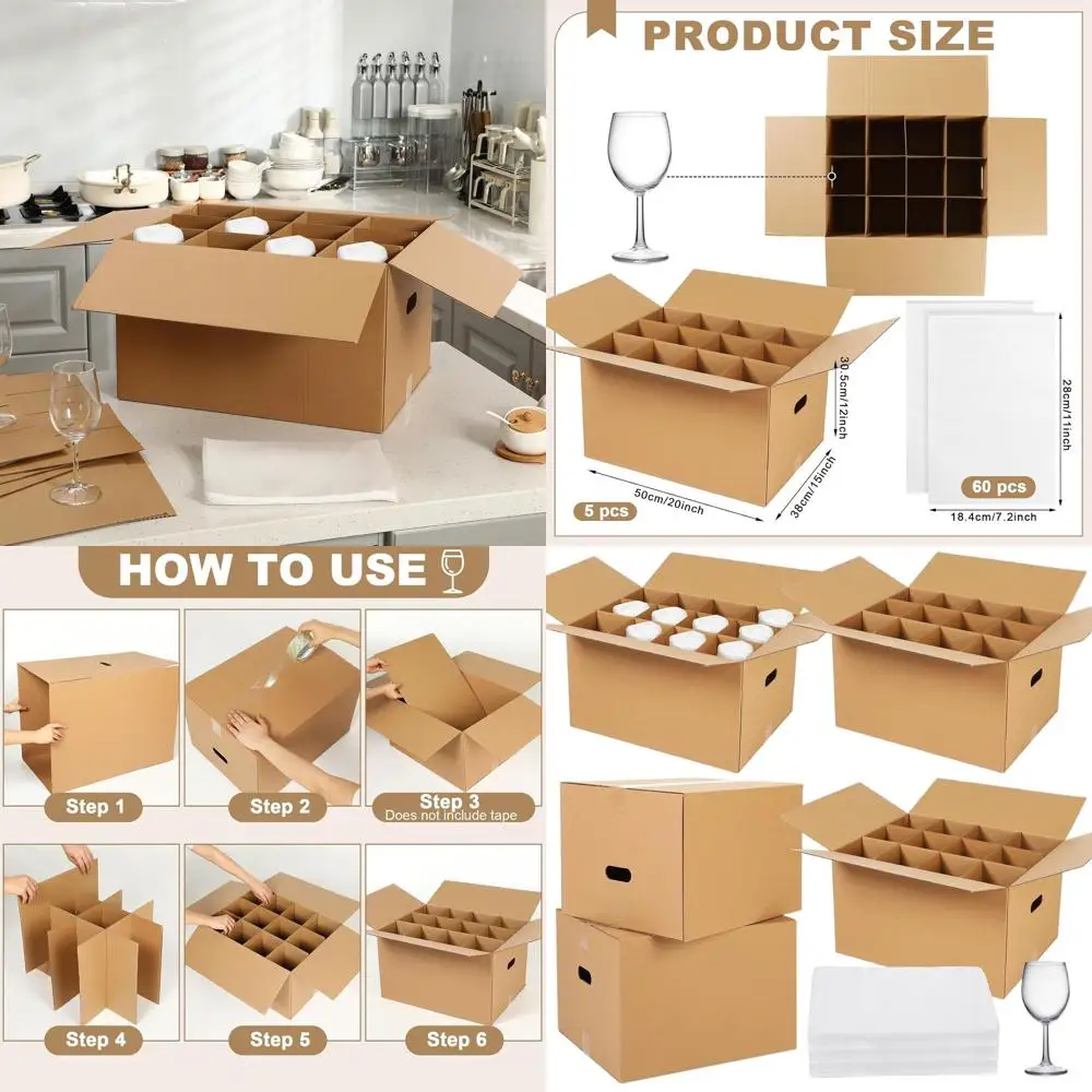

Glass Packing Kit for Kitchen Moving with Dividers and Foam Pouches for Safe Transport of Stemware and Wine Dishes (20x15x12)