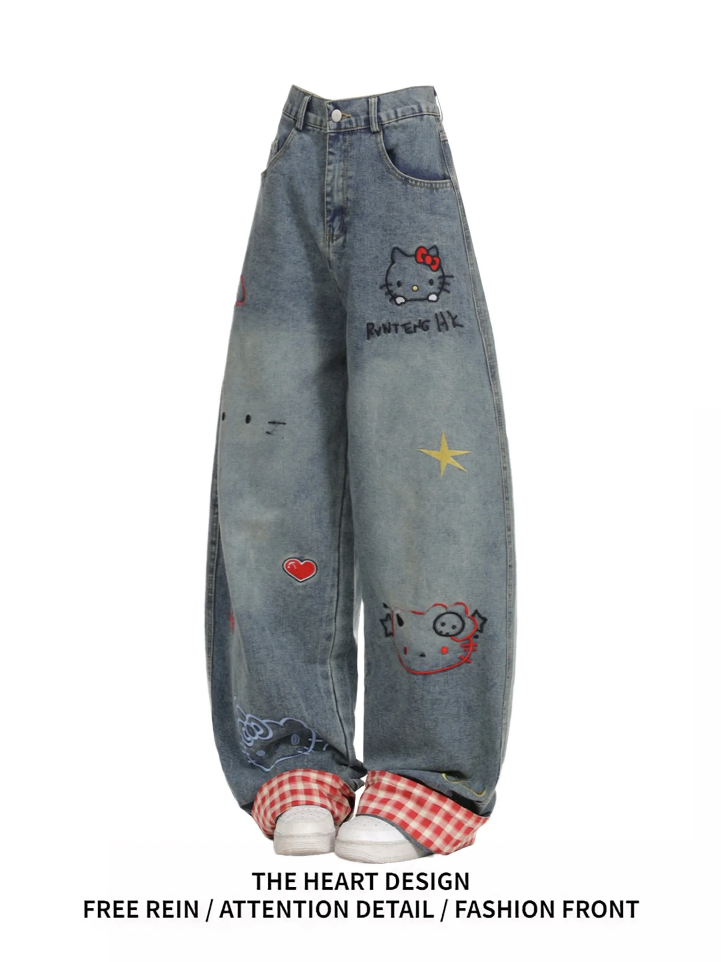 

Американские джинсы-клеш с вышивкой, свободного кроя, с эффектом похудения, в клетку, с отворотами, широкие, прямого кроя, женские, с высокой талией, из денима