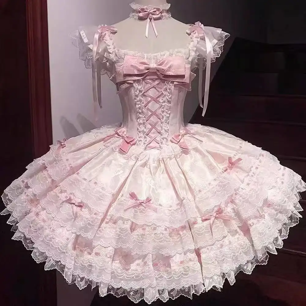 Liebliches Retro-Lolita-Minikleid für Damen, Gothic-Stil mit Spitze und Rüschen, Spaghetti-Trägern, Prinzessinnen-Look für Outdoor, Urlaub und Alltag