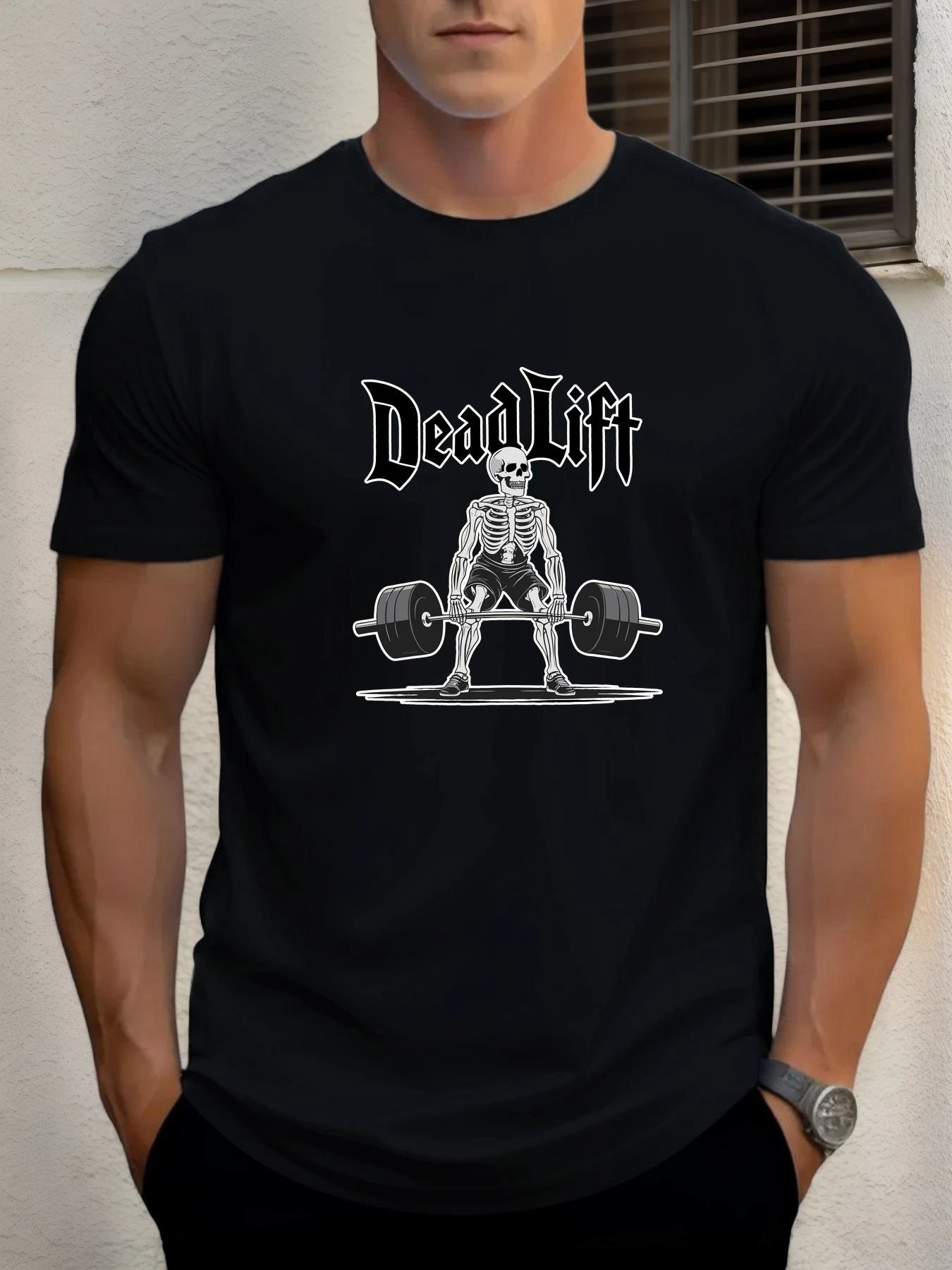 

2025 Summer Men's Cotton T Shirt Skull Weightlifting Trendy Printing Round Neck T-Shirt Casual Breathable Street Style Daily Top