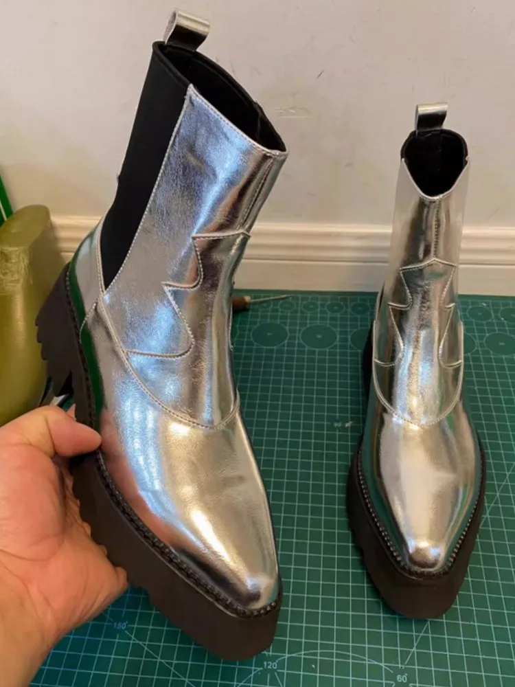 Women Autumn Winter Fleece Liner Pointed Toe Thick Platform Slip On Chelsea Boots Fashion Genuine Leather Silver Modern Shoes