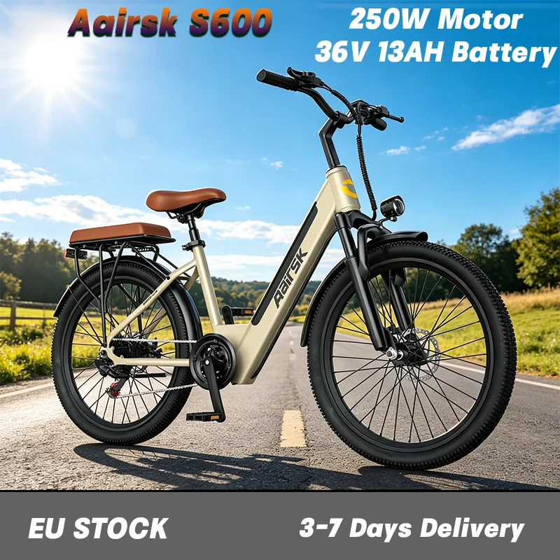 Aairsk S600 Rower Elektryczny Damski do Dojazdów Miejskich, Silnik o Dużej Mocy 250W, Akumulator Litowy 36V 13Ah z Możliwością Wyjmowania, Opony 26*1.95 cala, Inteligentny Wyświetlacz LCD, Rower