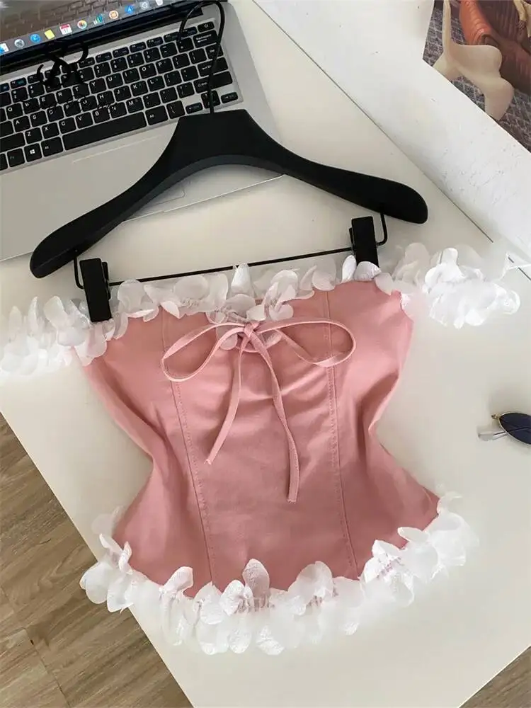 Holiday Hotsweet Denim Top Korean Style Splice Shirred Bodycon Off Shoulder Camisole Ladies Summer Y2K Sweet Tank Top