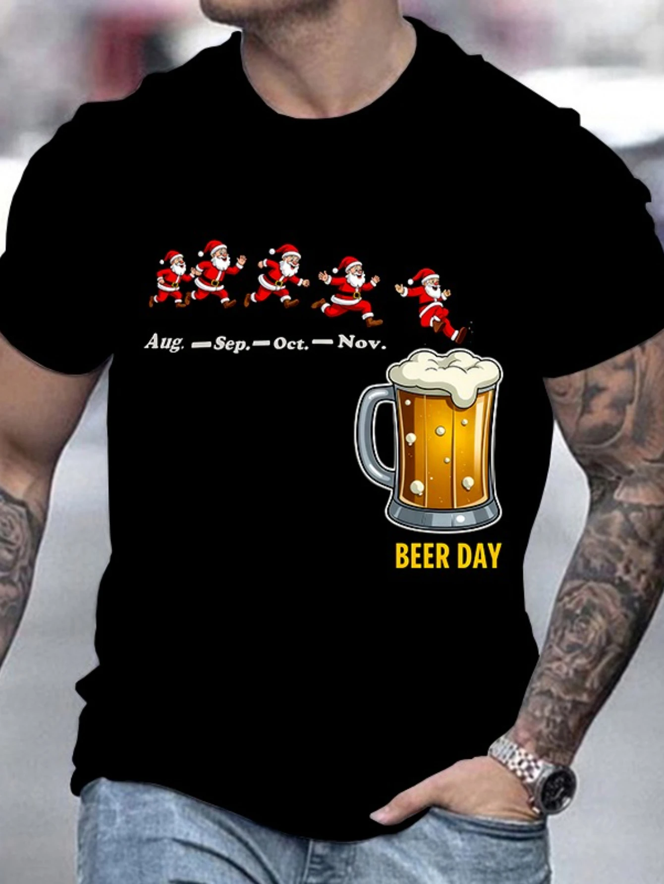 A Beer Day Graphic Print T-Shirt Featuring a Creative Santa Claus Design Perfect for Men'S