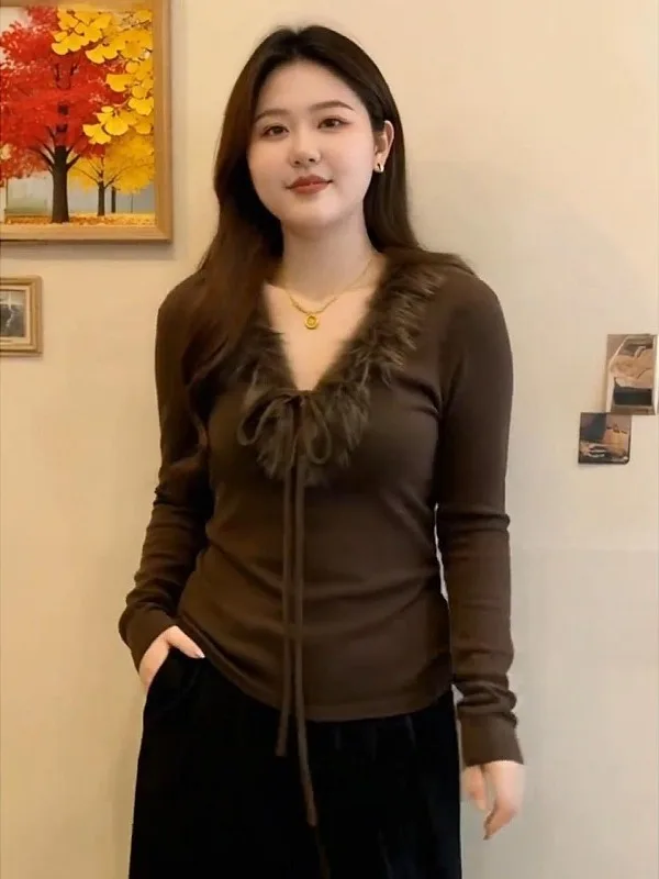 

plus Size Vintage Long Sve T-irt Women's Spring Autumn Sle Faux Fur Collar Belted Slimming Boting Base irt