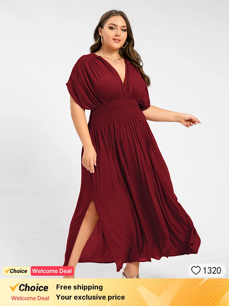 

Plus Sized Clothing 2024 Party Summer for Women V-Neck Batwing Sleeve Pocket Ruched Waist Maxi Dress Elegant Club Evening