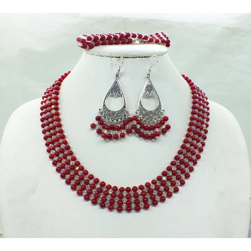 Classic red coral, crystal, necklace. Bracelets, Studs, African Bridal Necklace Set