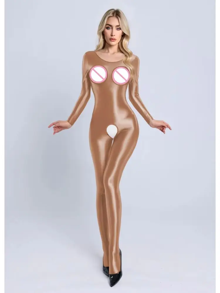 M XL Hollow Out Crotchless Nylon Catsuit Bodystocking Shiny Elastic Bodysuit Tights Leotard Conjoined Jumpsuit Unitard Lingerie - view 6
