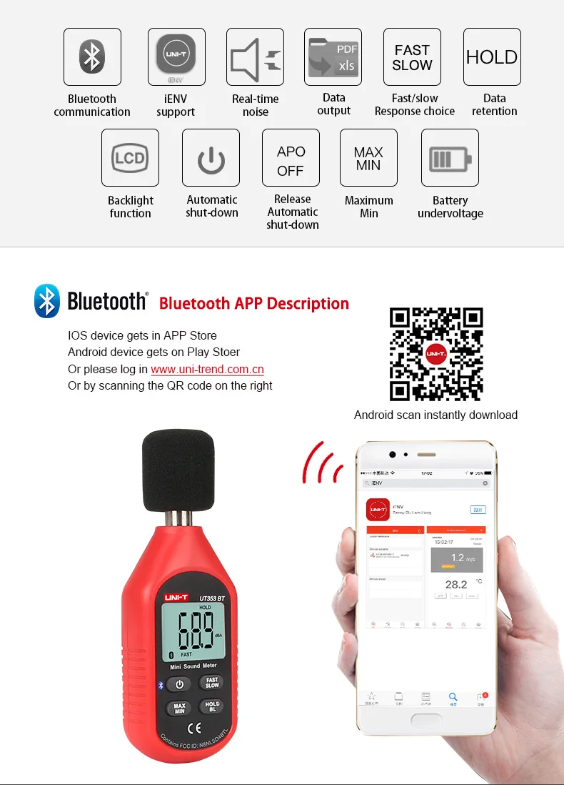 UNI-T Lärmmesser UT353 UT353BT Schallpegelmesser 30 ~ 130 dB Messgerät Dezibelmesser Schalldetektor Digitales Sonometer – Detail 5