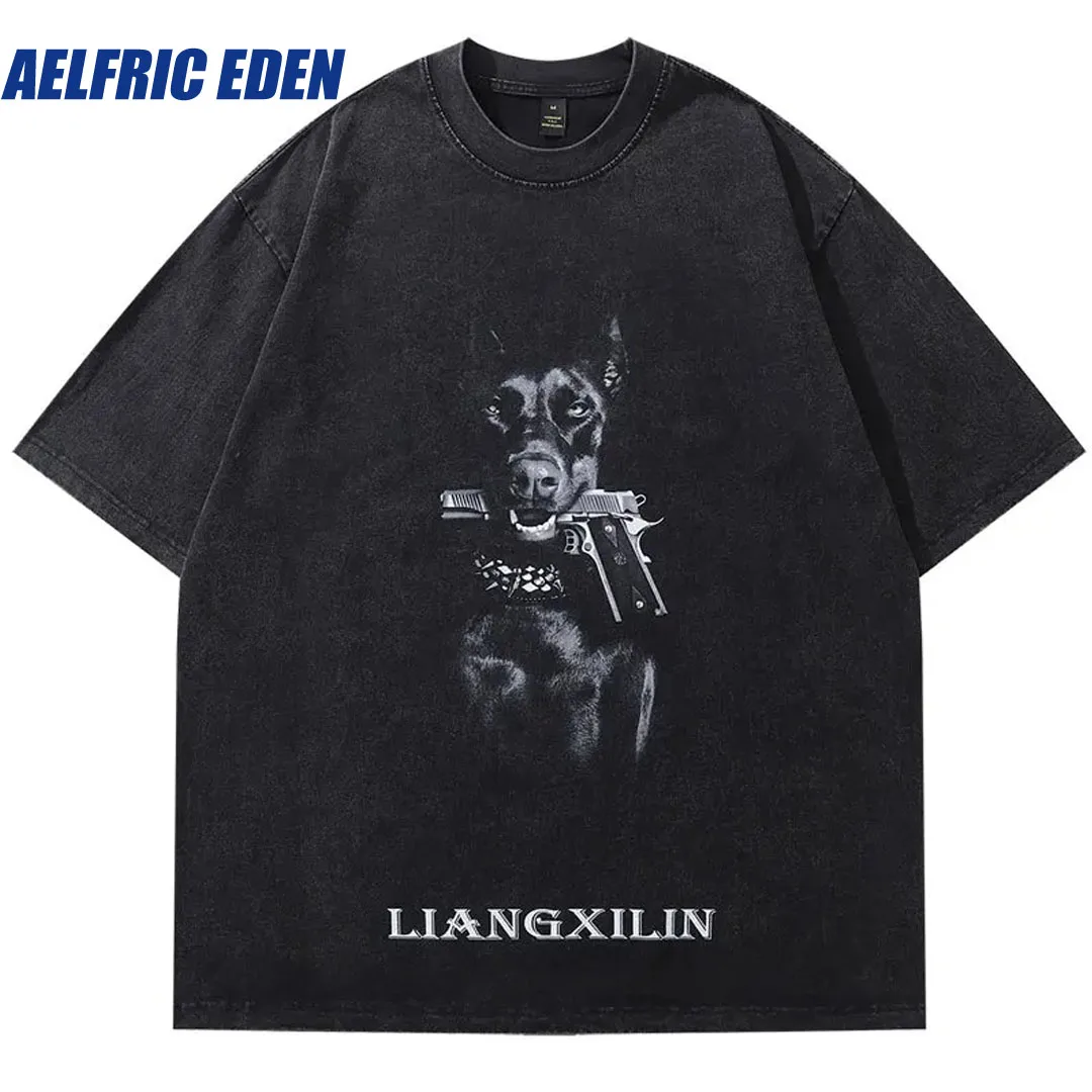 

Aelfric Eden Hip Hop Oversized T-Shirt Doberman Dog Gun Graphic Print Punk Gothic Washed Tshirt 2024 Hip Hop Harajuku Shirts Top