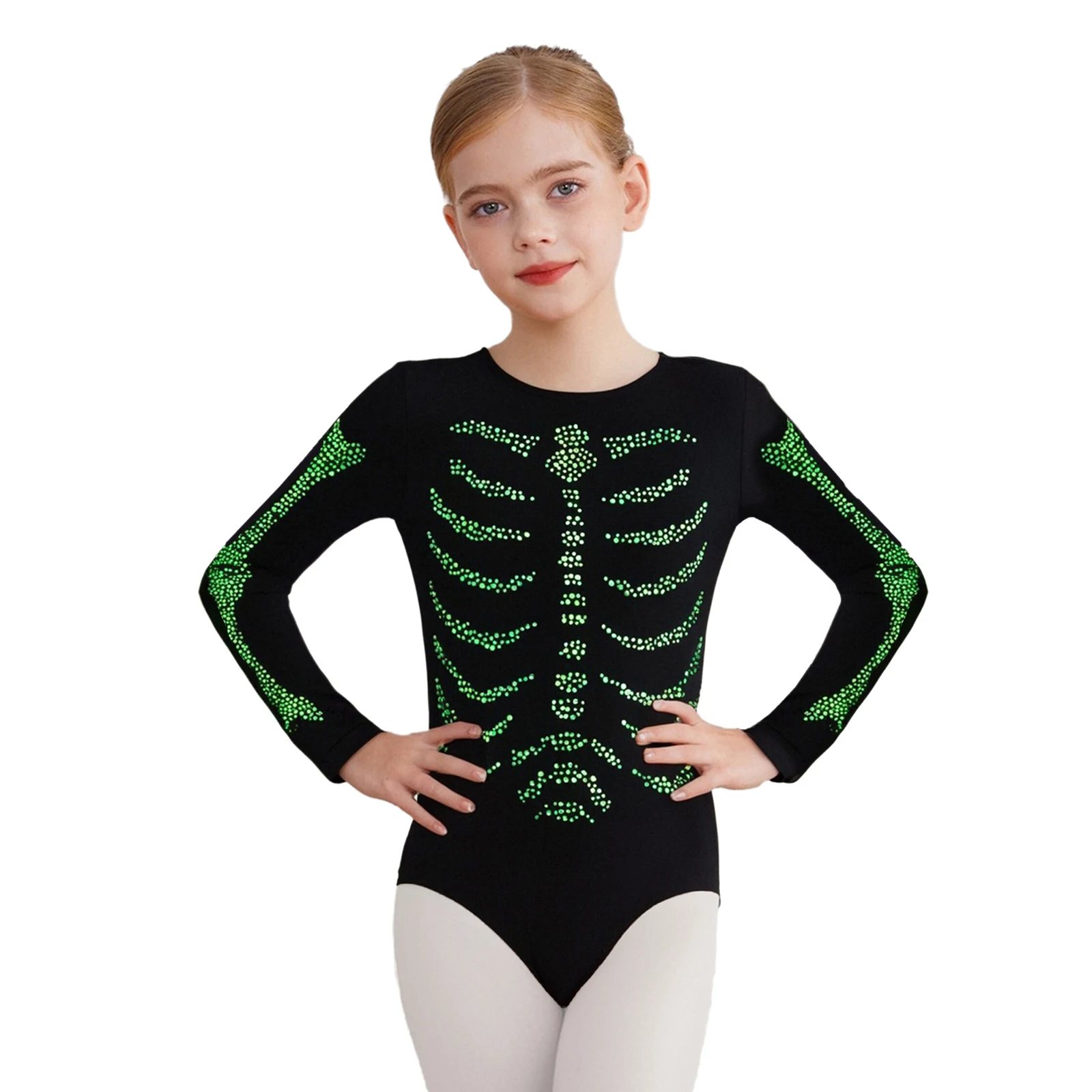Kids Long Sleeve Shiny Rhinestone Ballet Dance Gymnastics Leotard Halloween Theme Party Skeleton Cosplay Performance Costume