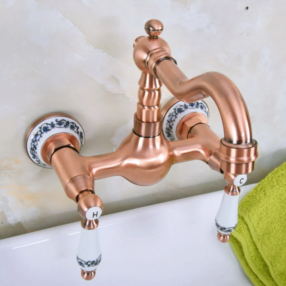 

Смеситель для раковины, настенный смеситель с двумя ручками, смеситель для ванной комнаты, поворотный излив, античный красный медный смеситель для горячей и холодной воды Nnf955