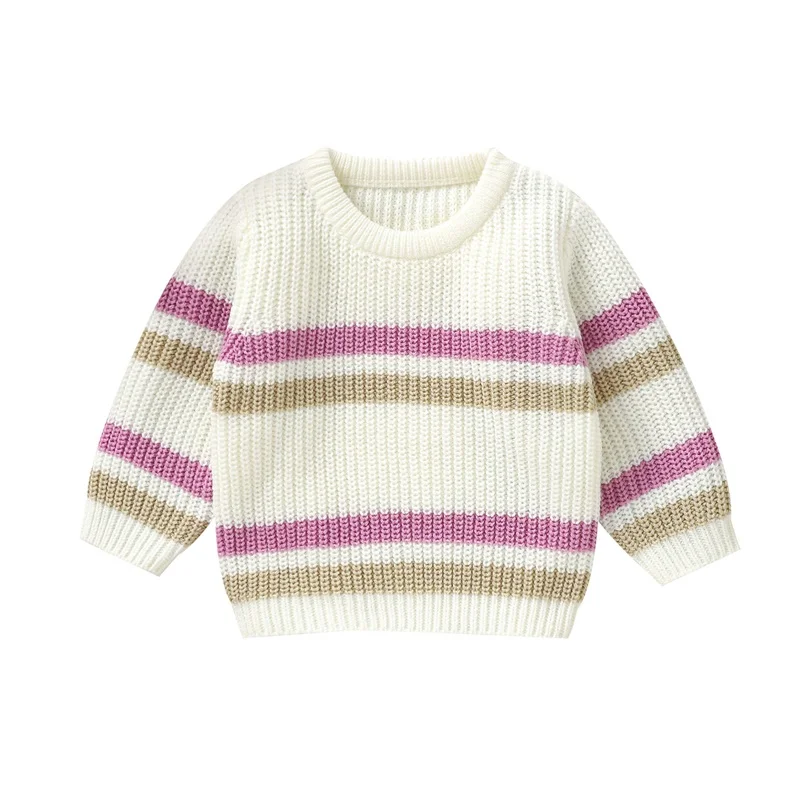 

Toddler Boy Girl Fall Sweater Stripe Long Sleeve Round Neck Chunky Knitwear Pullover