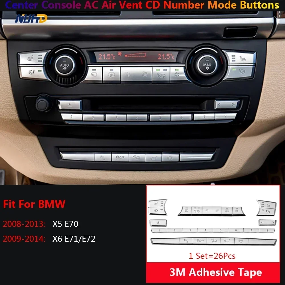 Car Center Console AC Air Condition CD Number Mode Button Cover Patch For BMW X5 X6 E70 E71 Switch Interior Stickers Accessories