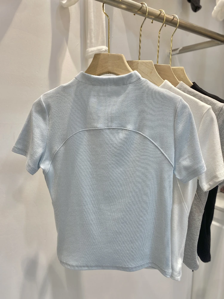 T-shirt ort Sve slim fit con doppia cerniera coreana Sle Commute Top da donna in poliestere di colore puro estivo nuovo arrivo