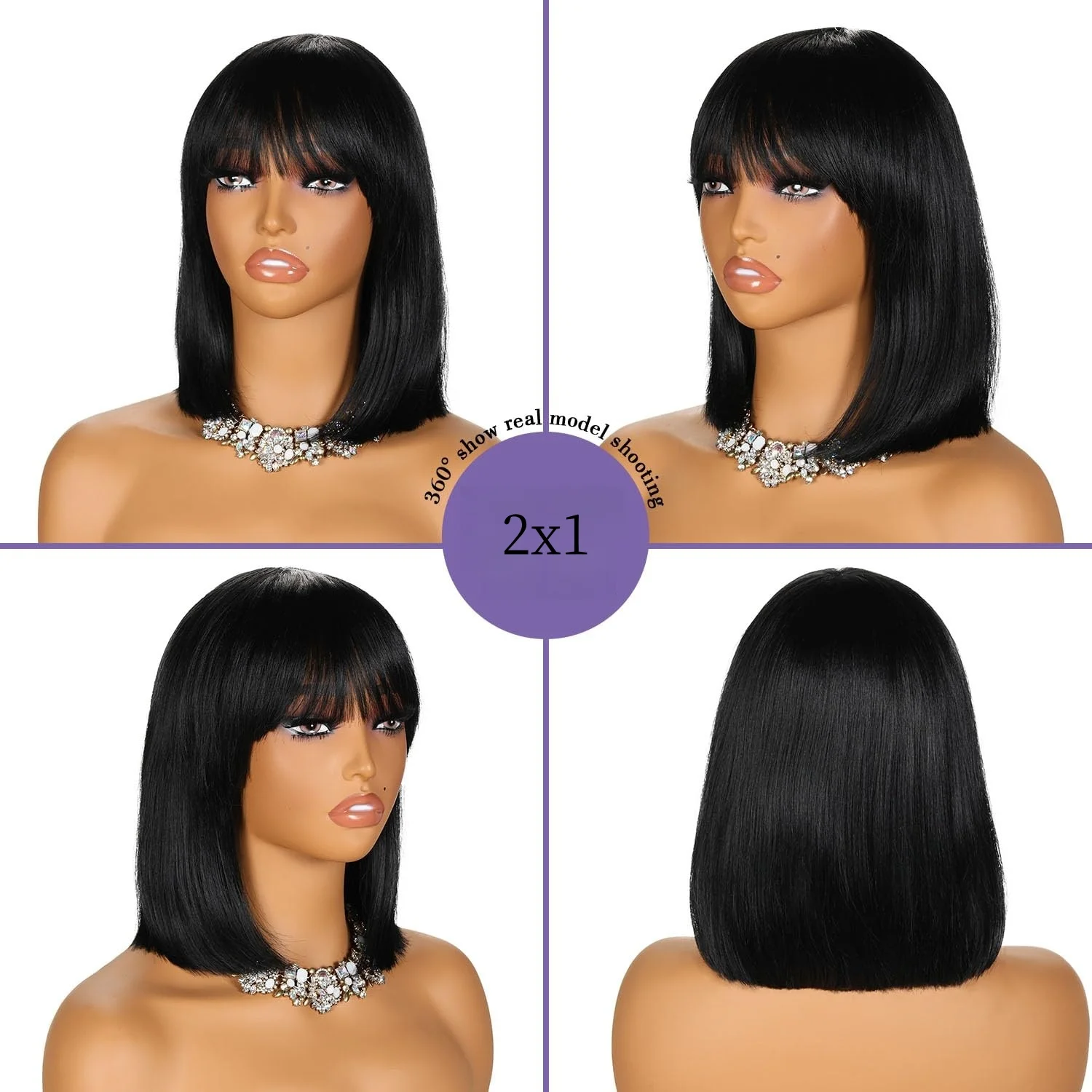 Peluca Bob de cabello humano sin pegamento, peluca Bob con flequillo, cabello humano liso 2x1, cierre de encaje transparente, pelucas Bob negras naturales de 12 pulgadas