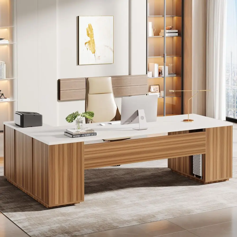

85.8Inch LShaped Executive Desk, Extra Large Modern Office Desk with File Drawers, Door Cabinet amp Shelves, Commercial Office