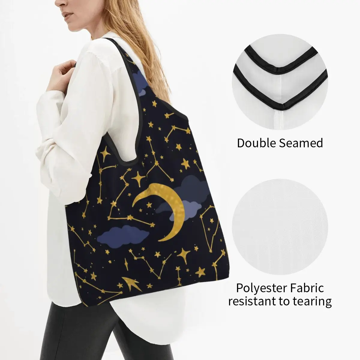 Night Sky Golden Celestial Stars Zodiac Constellations Portable Tote Shopping Bags Shopper Bag Groceries Handbag Shoulder Bag