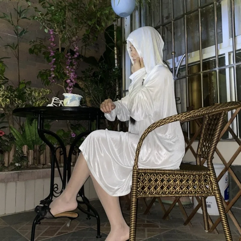 

Woman Sexy Silky Touch Soft Hooded Dress Glossy Elastic Ice Silk Loose Long Sleeved Sissy Sleeping Robe