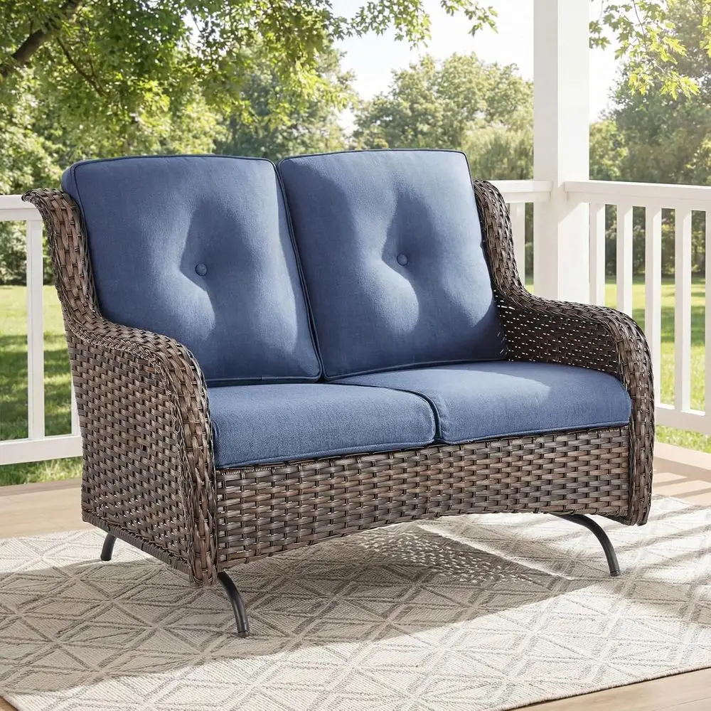 

All-Weather Wicker Loveseat with Thick Cushions, Outdoor Patio Furniture Set for Garden, Balcony, Backyard (Brown/Blue)