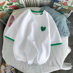 T shirt Women Summer Cotton Korean Fashion Heart shaped Embroidery Designer Oversized Clothes Women Tops Round Neck Short Sleeve