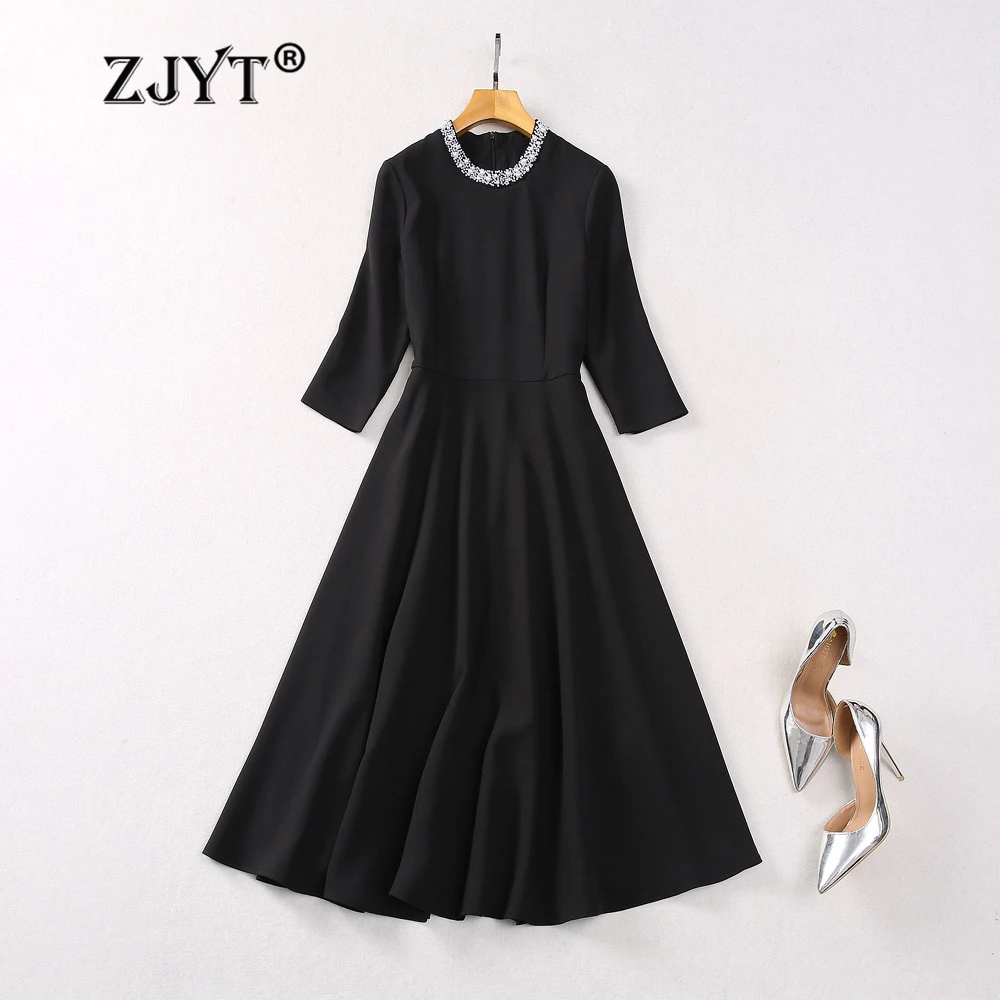 

ZJYT Elegant Women's Party Dresses Autumn Fashion Beading O Neck Solid Black Midi Dress Three Quarter Sleeve Vestidos Para Mujer