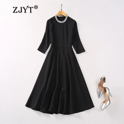 ZJYT Elegant Women's Party Dresses Autumn Fashion Beading O Neck Solid Black Midi Dress Three Quarter Sleeve Vestidos Para Mujer