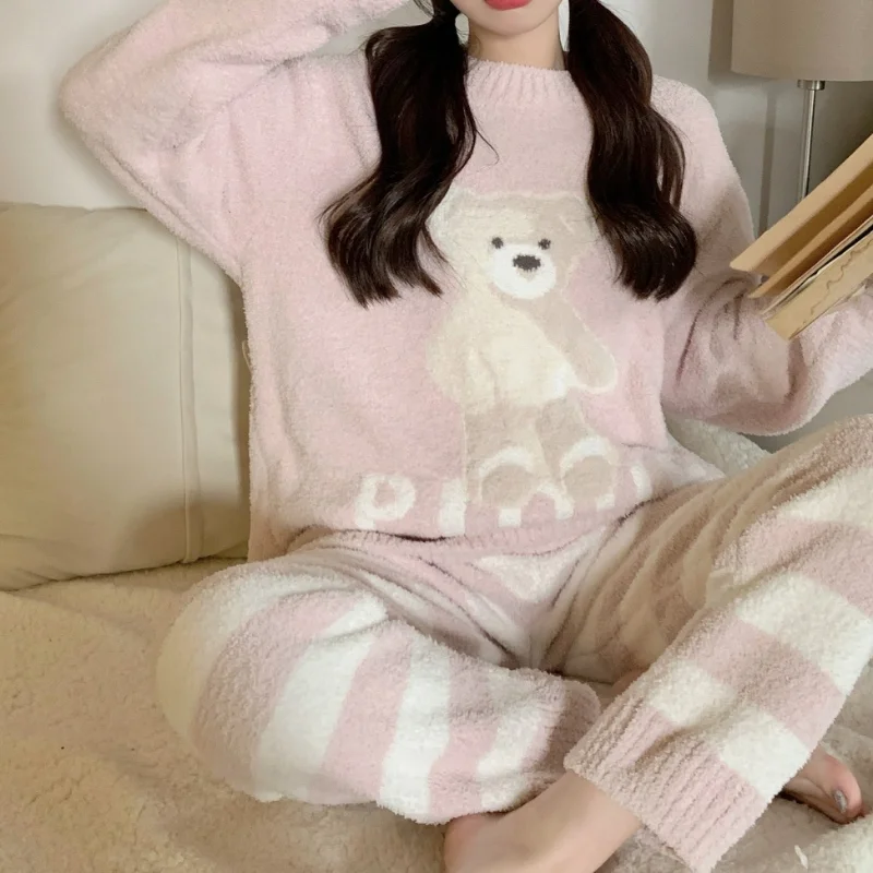 Kuzuwata O Neck Cartoon Bear Long Sleeve Top Sleepwear+high Waist Stripe Pant Pajama Sets Japanese Casual Home Wear Underwear