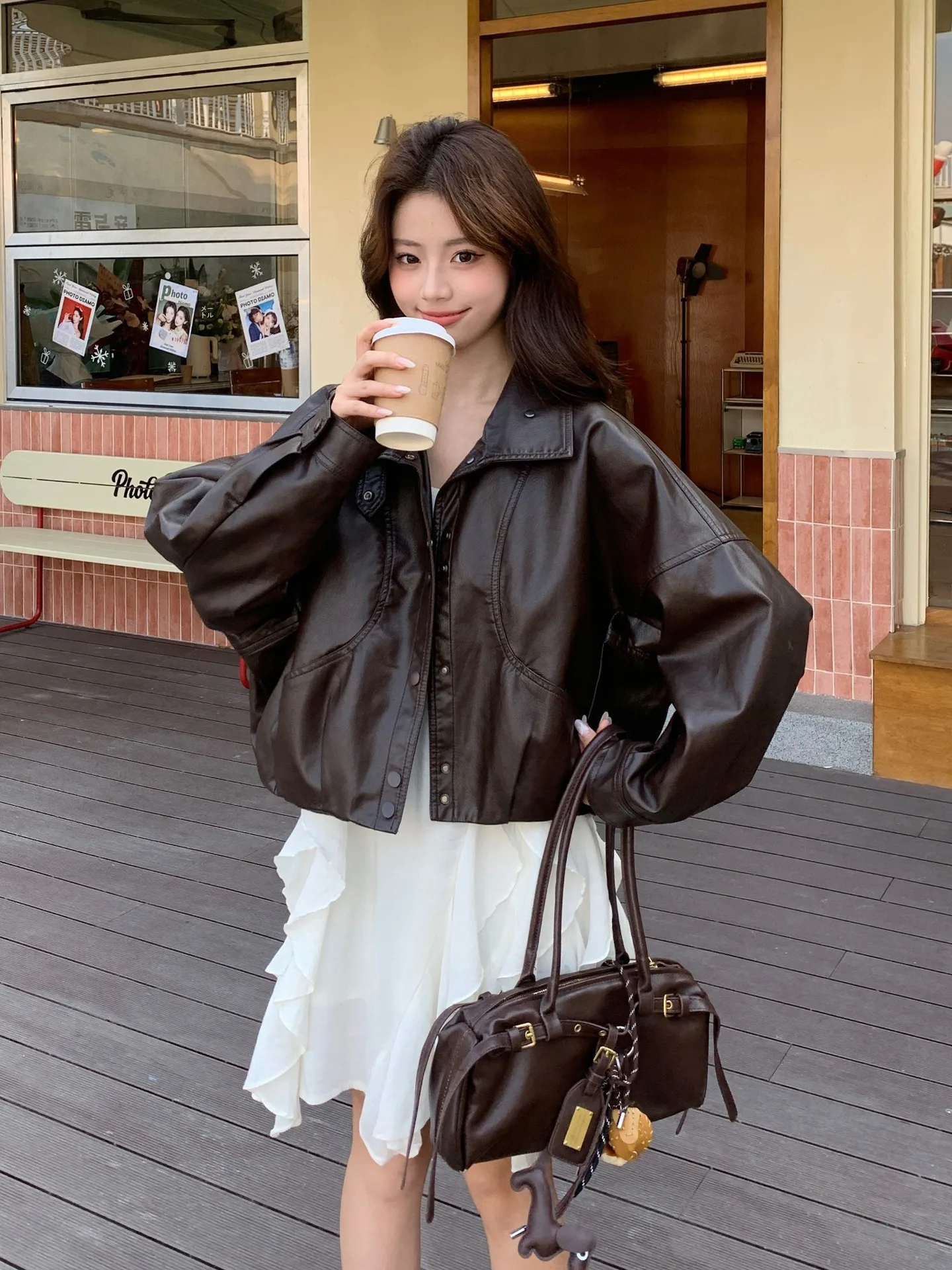

Spring 2026 Retro High Waist PU Leather Jacket Women's Short Stand Collar Coat American Style Long Sleeve Polyester Fiber