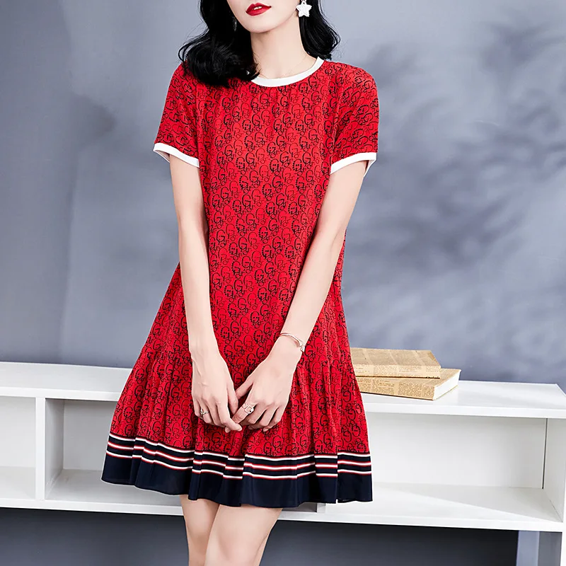 BirdTree, 100%Real Silk Elegant Dresses, Women Short Sleeve Letter, Party Office Lady Retro Dress, 2024 Summer New D44632QM