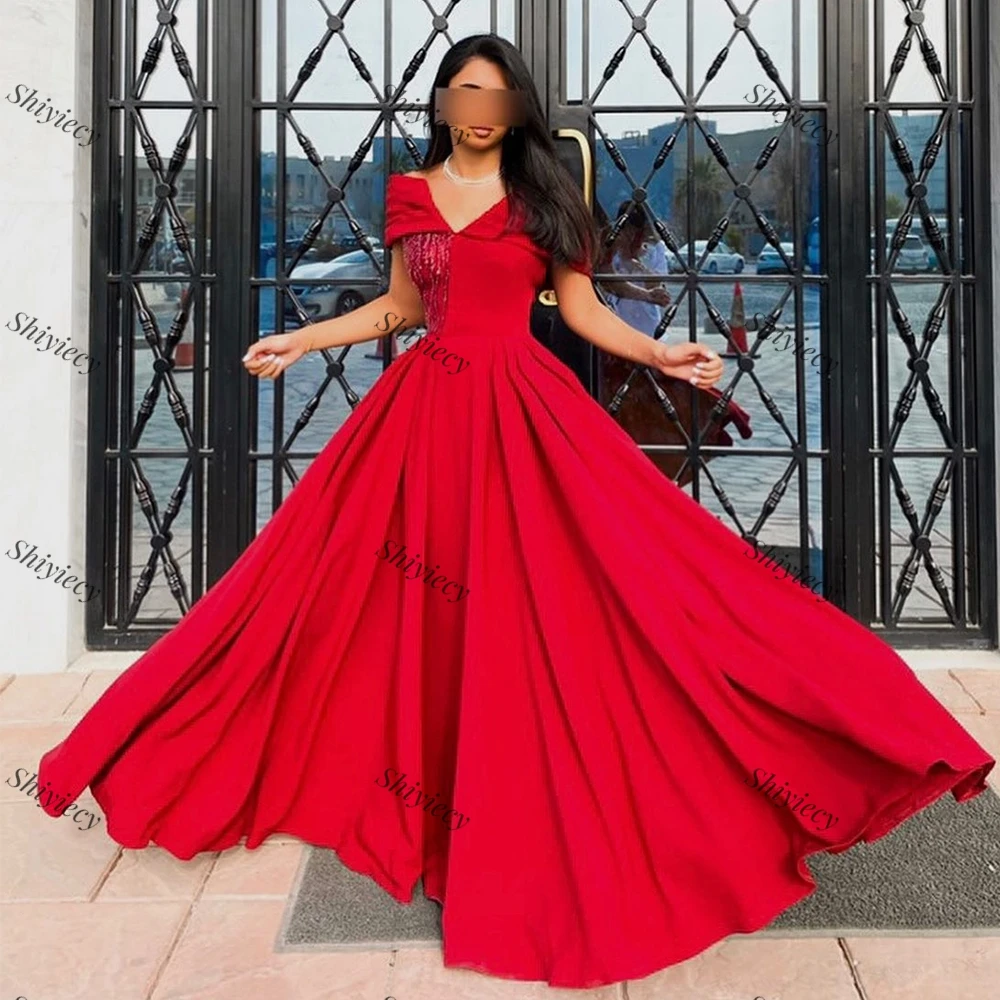 Shiyiecy Red Off the Shoulder Prom Dress Arabia saudita Jersey con paillettes abito da sera con scollo a v abiti speciali Occaion di alta qualità