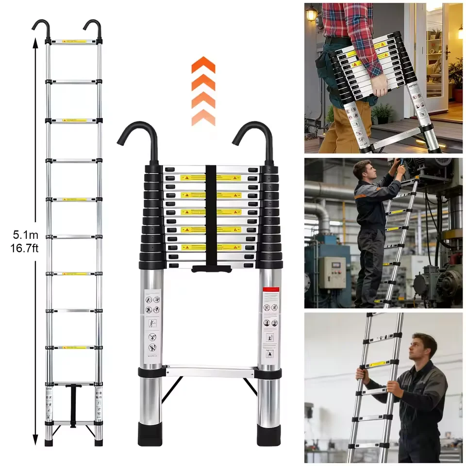 6,3M Telescopische Ladder Roestvrij Staal Opvouwbare Draagbare Verlengladder 150KG Draagvermogen EN131 Antislip Met Haken Voor Thuis- en Campergebruik