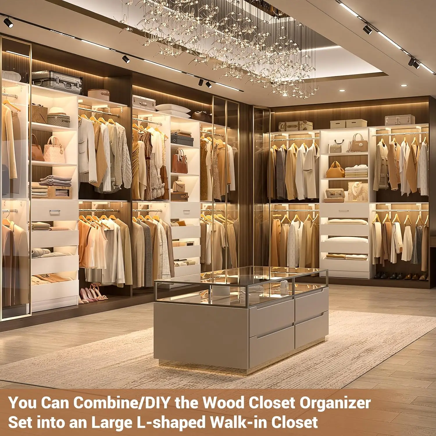 8FT Wood Closet System with 4 Drawers & Shelves, Walk-in Wardrobe Organizer Garment Rack, Fits 4-9 ft Spaces, Customized
