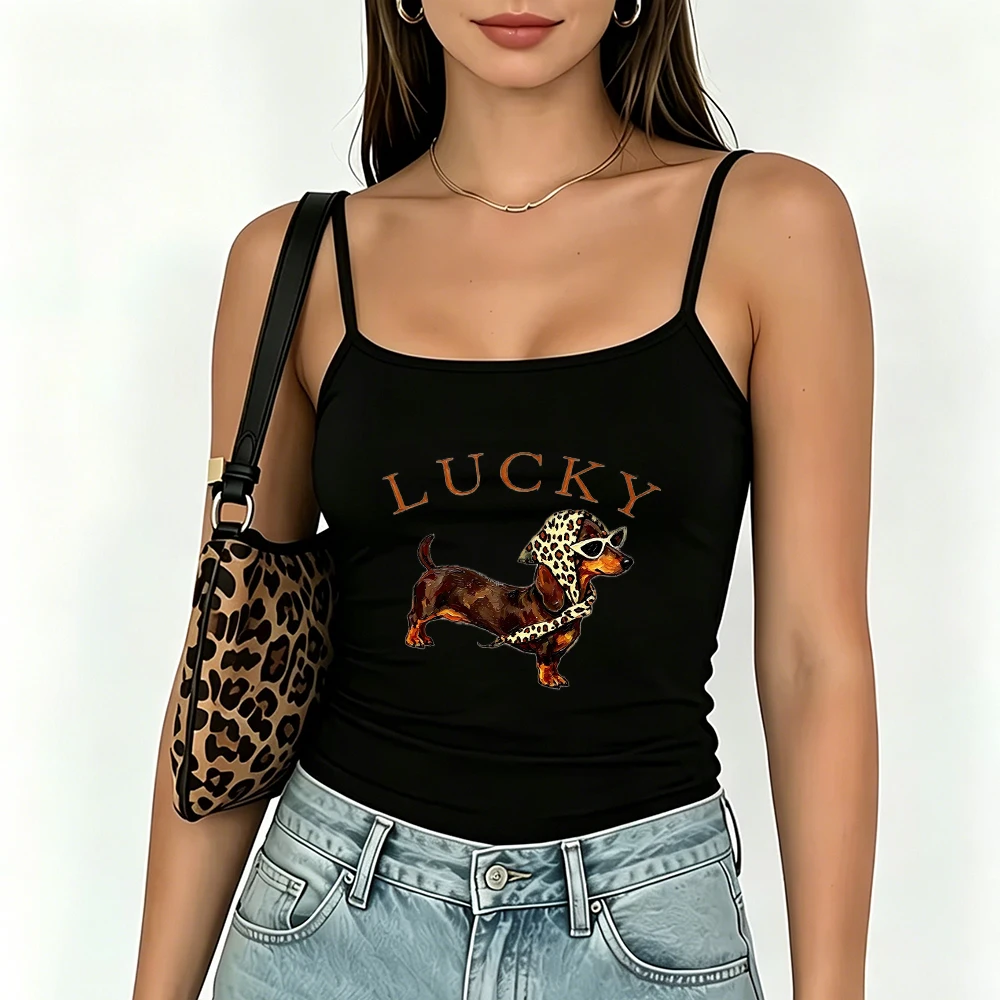 Lucky Dog Graphic Cami Top Women White Y2K Sleeveless Vest Summer Crop Top Indie Streetwear Slim Spaghetti Strap Tank Top