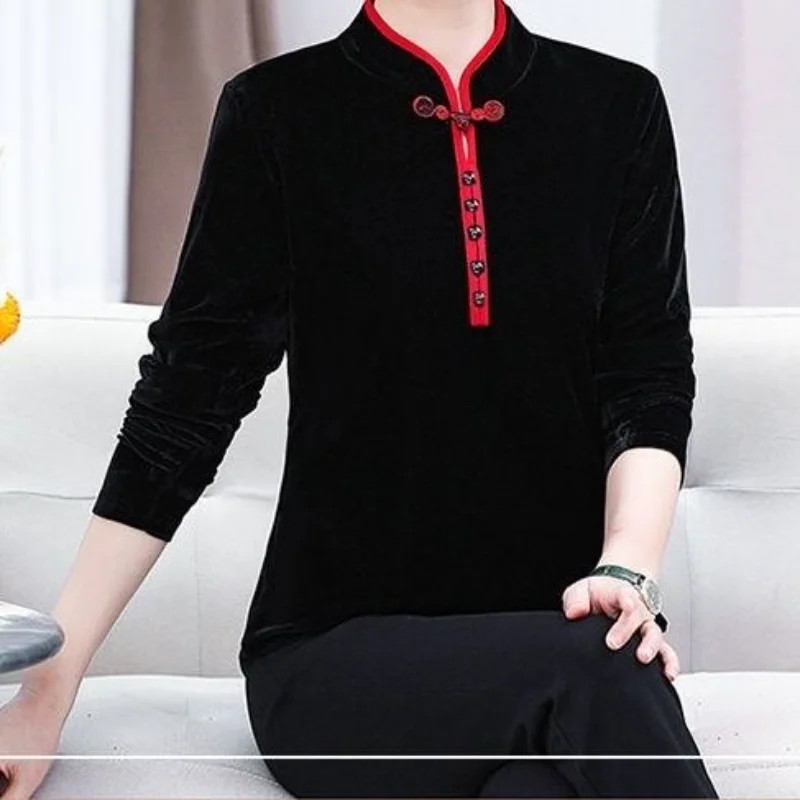 

Новый золотой бархатный топ для мам среднего возраста, пожилых мам, осенняя одежда, универсальный топ Cheongsam с длинными рукавами, повседневная рубашка