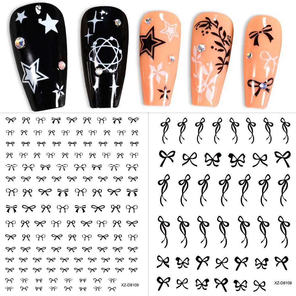 12 Stuks 3D Zwarte Strik Kruis Ster Maan Nail Stickers Mini Vijfpuntige Ster Strik Y2K Nail Decal nail Art Decoratie Accessorie