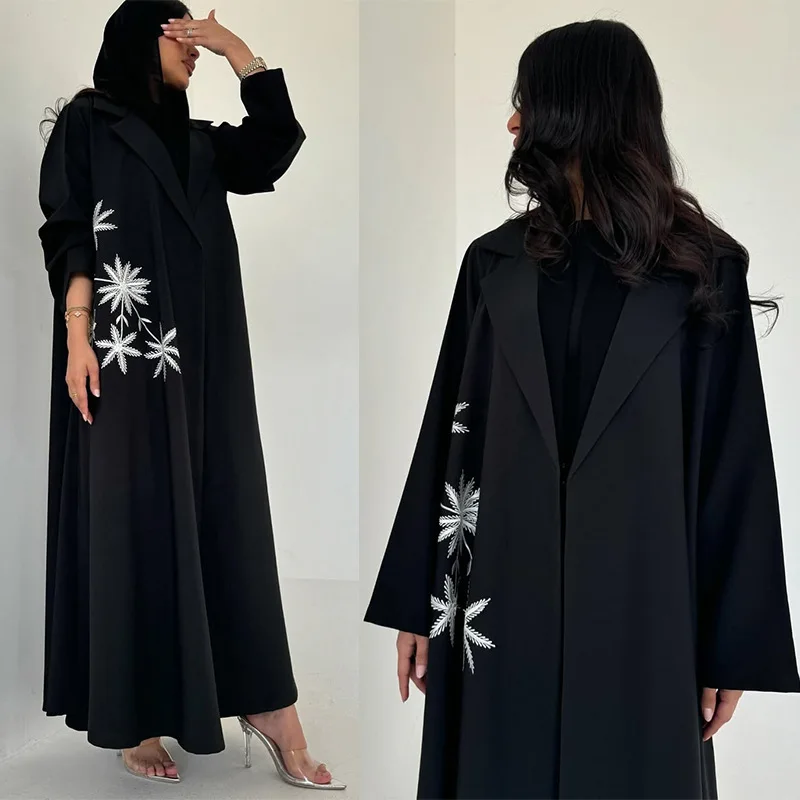 

Muslim Women Summer New Embroidered Suit Collar Abaya Cadigan Women's Robe Dubai Cardigan Loose