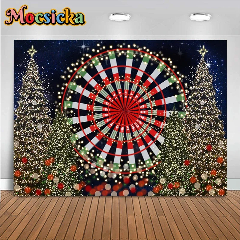 Mocsicka Christmas Decoration Photography Background Xmas Tree Shine Light Night Sky Star Round Ferris Wheel Photo Backdrop Prop