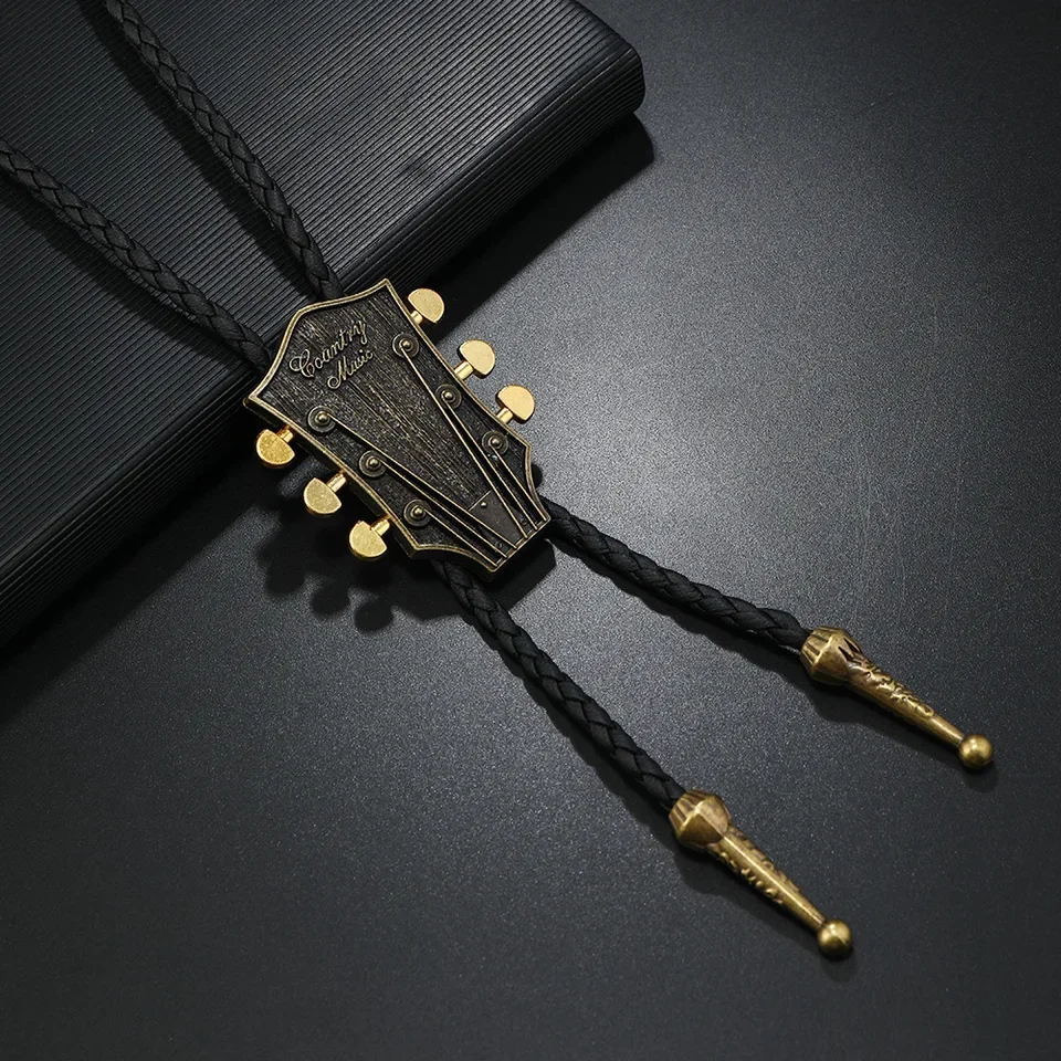 New Alloy Punk Vintage Guitar Long PU Bolos Tie for Women and Men Fashion Necktie Jewelry Accessory