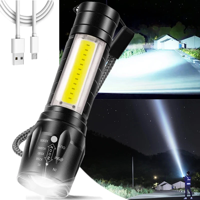 Portable USB Rechargeable Flashlight with Lanyard Outdoor Emergency Light Side Light 4 Modes Cycling Camping Lighting