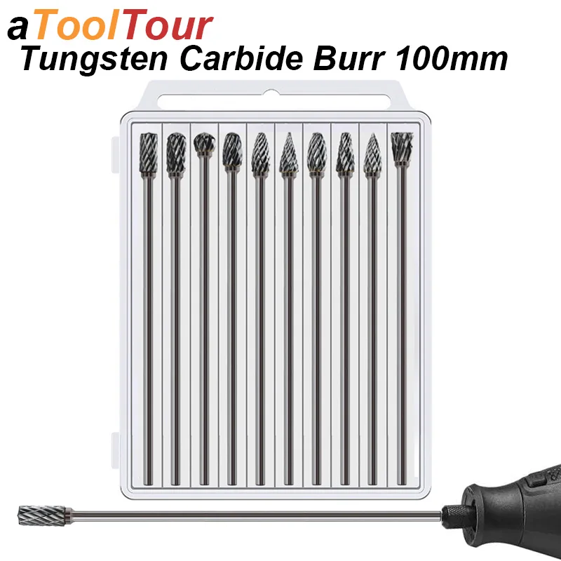 

Tungsten Carbide Burr Set Extra Long Shank 100mm Mill Cutter Kit File Rasp Carve Metal Wood Aluminum Stone Rotary Tool Drill Bit