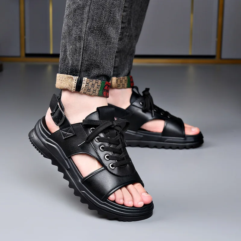 Platform Men\'s Gladiator Sandals Summer Genuine Leather Shoes Man Slippers Non-slip Bottom Casual Business Shoes for Men Summer