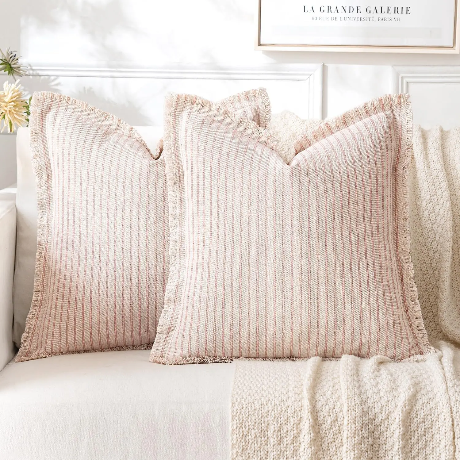 

Pa Of 2 Pink Pillow Covers 24X24 H Striped Farmhouse Couch Spring Throw Pillow Covers With Fringe Chic Cotton Decorative
