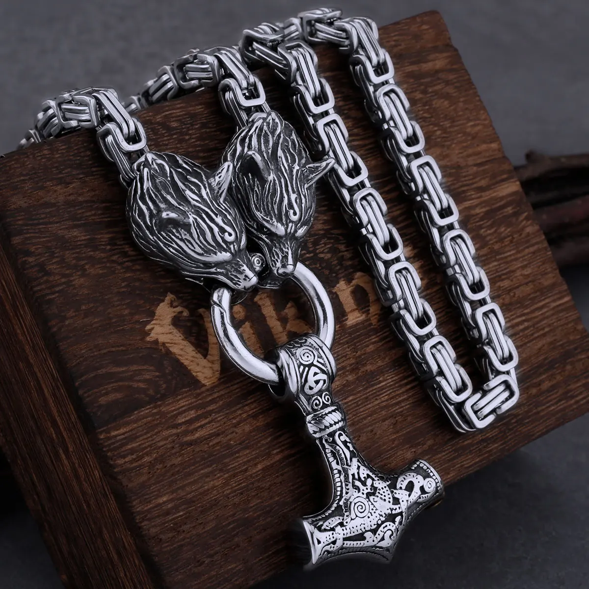 Men's Stainless Steel Viking Celtic Wolf Amulet Thor's Hammer Necklace Set Retro Trend Jewelry Accessories Gift