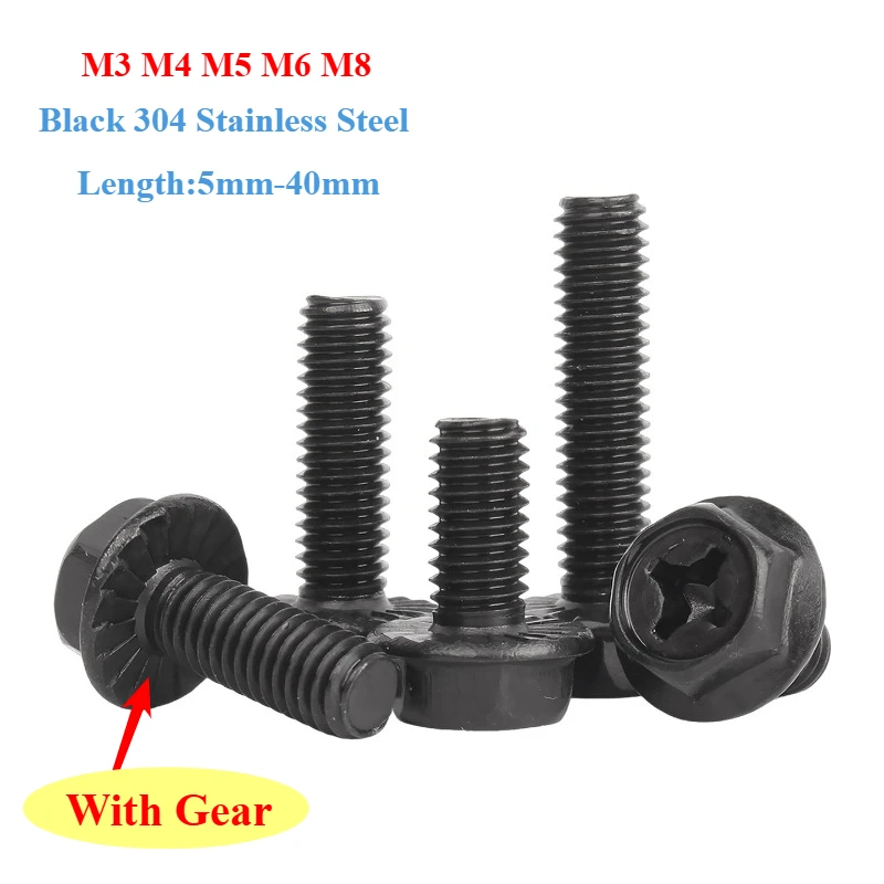 M3 M4 M5 M6 M8 Phillips Flange Bolts Black 304 Stainless Steel External Hex Hexagon Screws Bolt Metric Thread 5mm-40mm