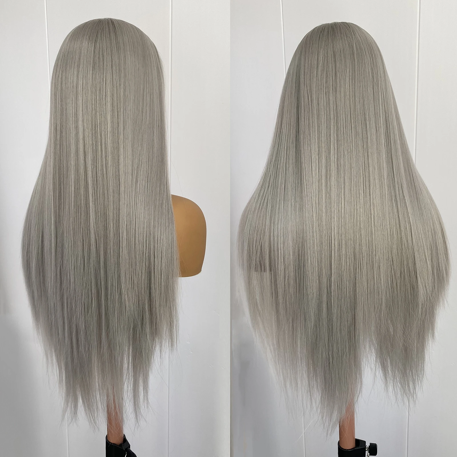 Diniwigs فضي رمادي شعر مستعار دانتيل 13x4 طويل حريري مستقيم الاصطناعية الدانتيل الجبهة الباروكات للنساء مقاومة للحرارة شعري طبيعي