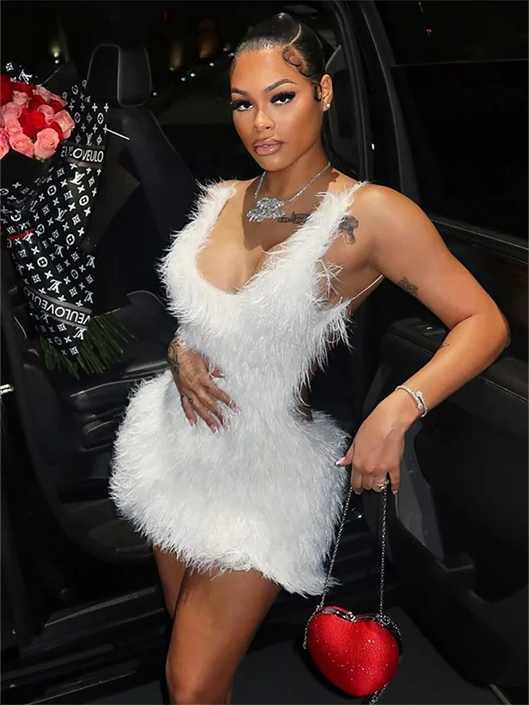 固体毛皮のようなドレスの女性のセクシーなスクエアカラーノースリーブジッパー背中の開いた秋のトレンドエレガントなストリートパーティーミニボディコン