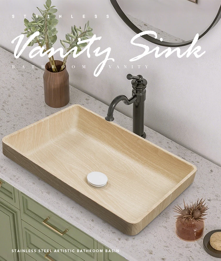 Painting Wooden Texture Vanity Sink 304 Stainless Steel Semi-Recessed Grain Bathroom Vessel Sink Wash Basin for Hotel & Home