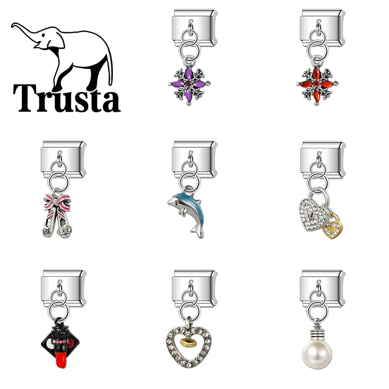 Trusta 2024 Nieuwe Mode Hart Dolfijn Lippenstift Charme Italiaanse Links 9Mm Armband Rvs Voor Vrouwen Diy Sieraden N132