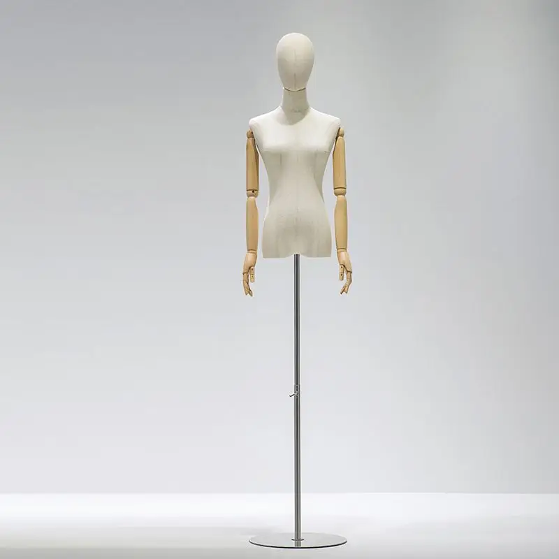 Stoffen hoes Vrouwelijke half-body mannequin Houten arm Metalen basis voor bruiloft Kleding Display Jurk Vorm Verstelbaar rek